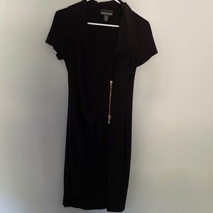 FRANK LYMAN design black midi dress with a gold zipper in the front, size 6